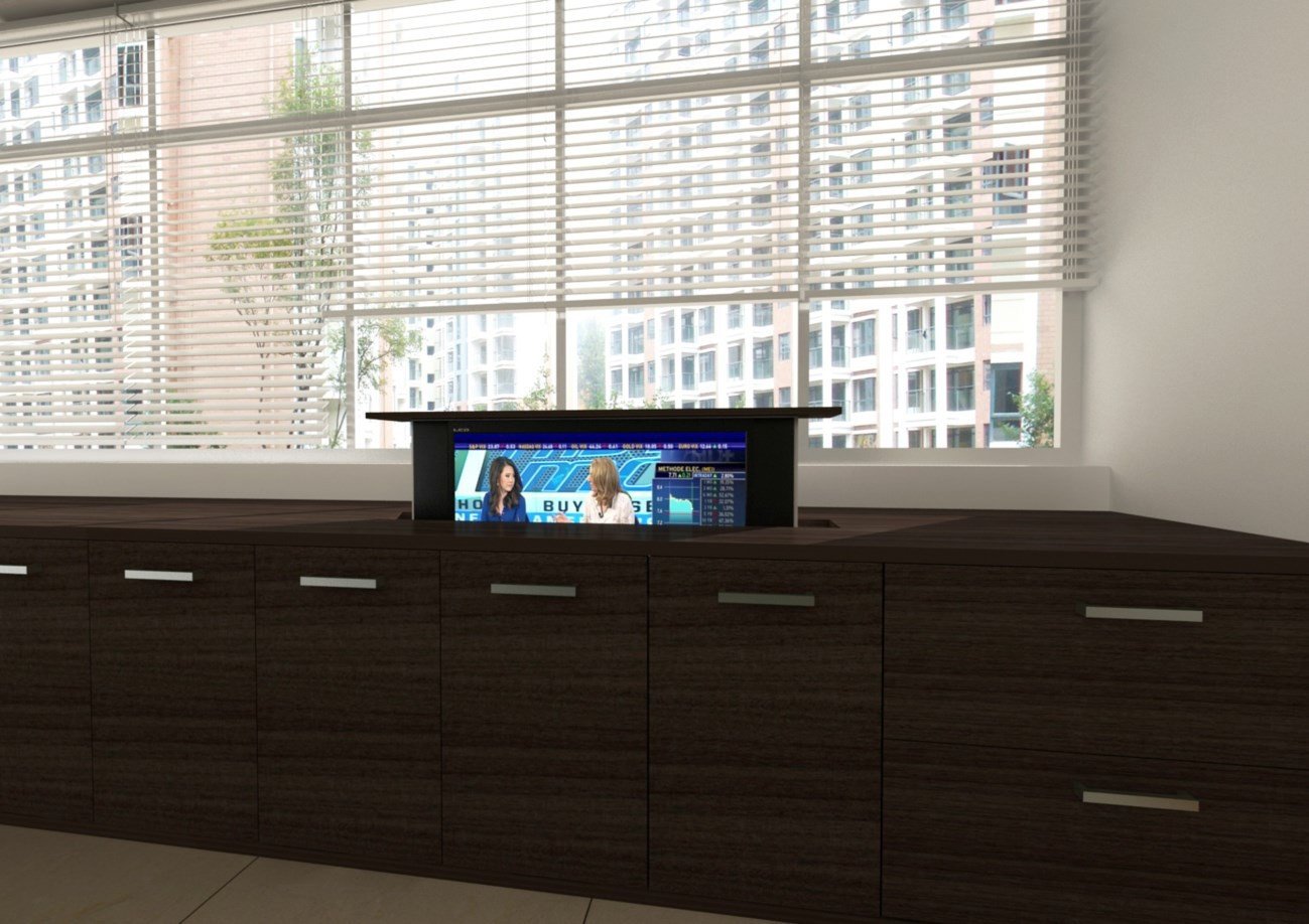 Automated Pop-Up TV lift in Teleconference or boardroom cabinet